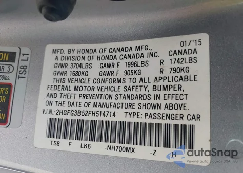 2015 Honda Civic Lx из США, поврежденный, VIN 2HGFG3B52FH514714